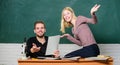 Students in classroom chalkboard background. Education concept. ertificate proves successfully passed university Royalty Free Stock Photo
