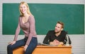 Students in classroom chalkboard background. Equal rights and liberties. Man and woman study university. Right education