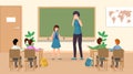 Students at classroom vector illustration. Confused girl with ink stains on clothes at class teacher standing near