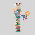 Students climbing mountain of books.3D Royalty Free Stock Photo