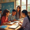 Students collaborating in a bright classroom environment Royalty Free Stock Photo