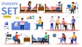 Students in Dormitory Flat Vector Characters Set