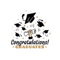 Students congratulations background. Student graduate banner, graduation label with hand hold paper scroll and flying Royalty Free Stock Photo