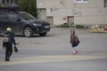 The students crossing the Zebra on the street in Berezniki, Russia, on 4 September