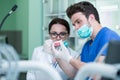 Students with dental prosthesis, dentures, prosthetics work. Royalty Free Stock Photo