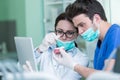 Students with dental prosthesis, dentures, prosthetics work. Royalty Free Stock Photo