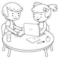 Students at a desk doing their homework using a computer. Vector black and white coloring page Royalty Free Stock Photo