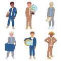 Students different characters set. Schoolboys in uniform with workbook, model of Earth, schoolbox. Secondary school pupils. Royalty Free Stock Photo