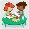 Students at a desk doing their homework. Vector illustration