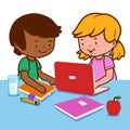 Students doing homework using a computer. Vector Illustration