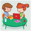 Student classmates at a desk at school do their homework using a computer. Vector illustration Royalty Free Stock Photo