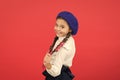 Students exchange. travel to paris. learning french. happy child in uniform. little girl in french beret. Education