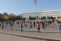 Students exercising in front of Osh town hall, kyrgyzstan