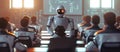 A futuristic classroom features an AI robot instructor interacting with engaged students Royalty Free Stock Photo