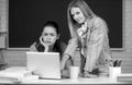 Students girls looking at laptop computer in classroom at school college or university. Two students doing homework Royalty Free Stock Photo