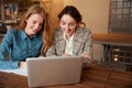 Students. Girls Studying With Laptop. Beautiful Young Women Having Lesson At Cafe. Smiling Blonde And Brunette Looking At Screen Royalty Free Stock Photo