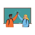 Students giving high five in classroom with backpacks and blackboard background vector illustration Royalty Free Stock Photo