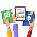 Students holding opened book and tablet computer Royalty Free Stock Photo