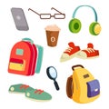 Students Items Accessories Set Vector. Colorful School Backpacks. Glasses, Phone, Coffee Mug, Sneakers, Headphones
