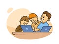 Students with laptop. Kids studying computer, playing laptop. Children and friends using a notebook. Flat vector Royalty Free Stock Photo