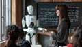 Students learn robots, AI, tech in futuristic classroom using traditional modern teaching methods AIG62 Royalty Free Stock Photo