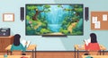 Students learning in a bright classroom with a vibrant nature scene on a large screen Royalty Free Stock Photo