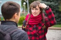 Students learning concept - boy and girl talking about examination passed Royalty Free Stock Photo