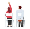 Students, Lecture or Workshop Participants in University or College. People Sitting Back View. Man and Woman on Chairs