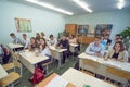 Students during the lesson are sitting at their desks. Russian school. Royalty Free Stock Photo