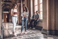 Students life!Group of beautiful students standing together and Royalty Free Stock Photo