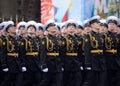 The students of the Nakhimov naval school during the parade on red square in honor of Victory Day.