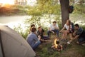 Students orginizing picnic on beautiful landscape