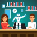 Students programming humanoid bipedal robot Royalty Free Stock Photo