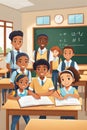 students and pupil in lesson at school in a classroom, bright dayligh, in uniform illustration Royalty Free Stock Photo