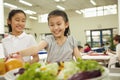 Students reaching for healthy food in school cafeteria