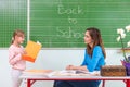 Students read a woman teacher at the blackboard