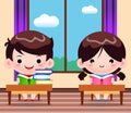 Students Reading Books In Library Cartoon Illustration