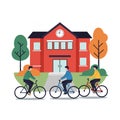 Students riding bicycles in front of school building with autumn trees vector illustration Royalty Free Stock Photo