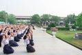 Students in a school is made obeisance before graduation. The statue of King Rama 8. That they respected.