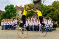 Students section of artistic cycling show stunts Royalty Free Stock Photo