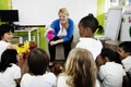 Students sitting on the floor listening to story te Royalty Free Stock Photo