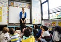 Students sitting on the floor listening to teacher