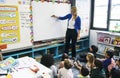 Students sitting on the floor listening to teacher