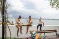 Students taking a break after the parade in Panama City