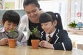 Students and teacher examining potted plants through magnifying glass