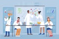 Students team, group scientists in science laboratory flat character vector illustration concept