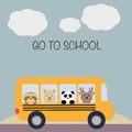 Students to go to bus. Deer, panda, alpaca, sloth study at school. School bus for students