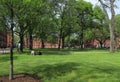 Students and tourists resting on the lawn and walking around the Harvard Yard, the histor