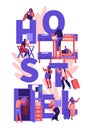 Students or Travelers Characters Hostel Accommodation Concept. Tourists People Characters Move into Cheap Motel to Stay at Night