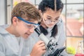 Students using microscope in science laboratory class Royalty Free Stock Photo